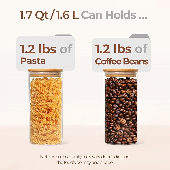 ComSaf Glass Storage Containers wtih Lids 1.7 Qt, 3 Pack Glass Storage Jars | Glass Containers with Bamboo lids, Glass Canisters 54oz, Kitchen Cabinet Storage, Tea, Spice, Coffee, Dry Food, BPA Free