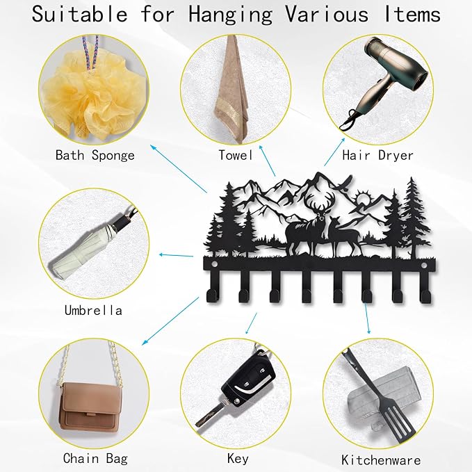Deer Metal Key Holder for Wall, 14.5" X 8.9", Key Hooks for Wall Organizer, Key Rack, Forest Theme Coat Hat Towel Hooks, Ideal for Living Roo