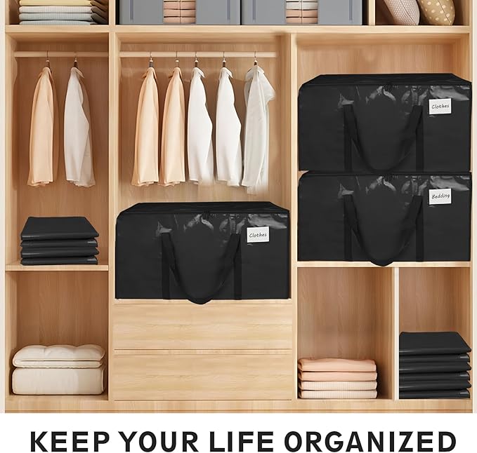 16 Pack-Extra Large Heavy Duty Moving Bags - Waterproof Storage Totes with Handles & Zippers, Foldable for College Dorm, Storage (Black)