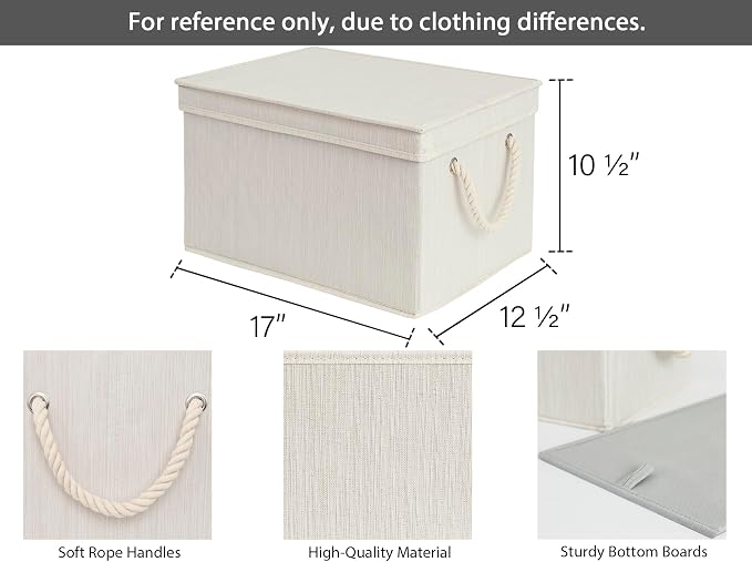 StorageWorks Storage Bins with Lids, Decorative Storage Boxes with Soft Rope Handles, Foldable Stackable Storage Baskets for Closet, Shelves, 3-Pack, Ivory and White, Jumbo