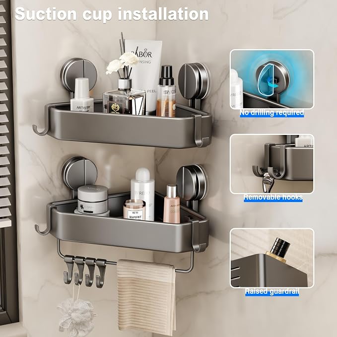 Mustorn Suction Cup Shower Caddy Corner, 2 Pack Suction Corner Shower Shelves No Drilling, Rustproof Shower Organizer Suction Cup with Towel Holder & Hooks Removable Bathroom Storage Rack(Gray)