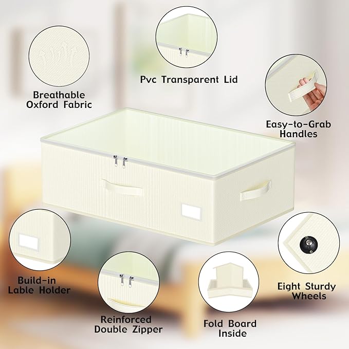 EE-RoomWorld Under Bed Storage with Wheels, No Assemble Required 12 inches height Under Bed Storage bins,Large capacity Rolling Underbed Shoe Storage containers，dorm underbed storage drawers