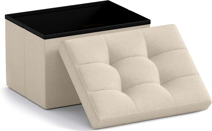 Ornavo Home Small Rectangle Storage Ottoman, Linen, 12x16x12, Beige | Collapsible Cube Design; Foot Rest Stool Seat; Ideal for Living Room, Bedroom, Home Office or Dorm