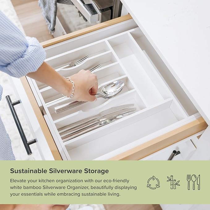 KitchenEdge Silverware & Utensil Drawer Organizer, 14.5-25 in, White Bamboo | Cutlery, flatware, food-safe contract grade, kitchen drawer fit