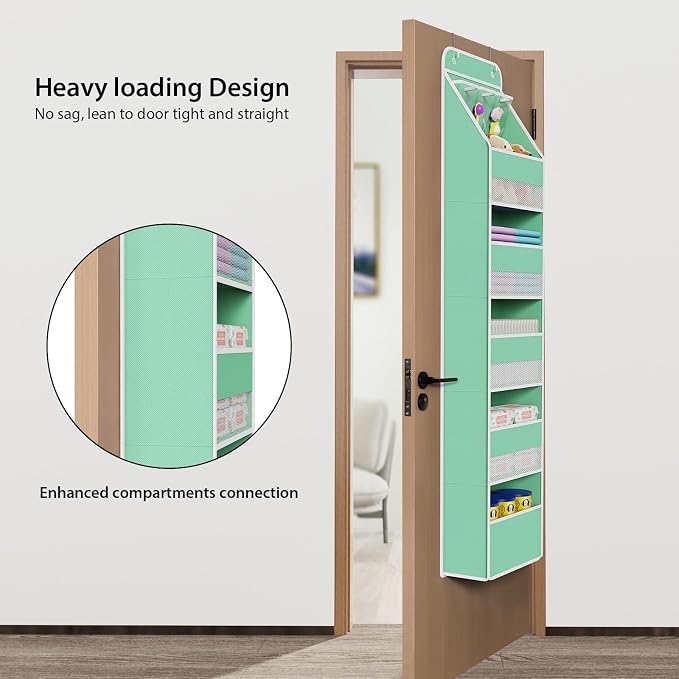 Univivi Fabric Over Door Hanging Organizer for Baby Nursery, Green, 6-Shelf | Door Storage with Large Capacity Breathable Mesh Pockets, Over Door Storage Organizer for Baby Essential, Bedroom, and Dorm