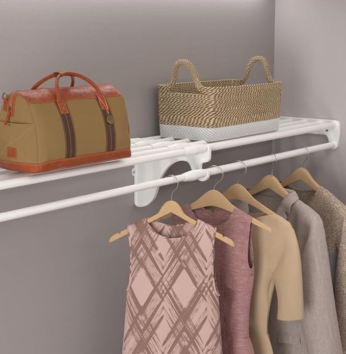 Closet Shelf with Hanging Rod - 28-48” Expandable, White, Closet Shelves - Strong, Holds 200 lbs - DIY, Easy Install to 2 Side Walls - Alternative to Wire Shelving