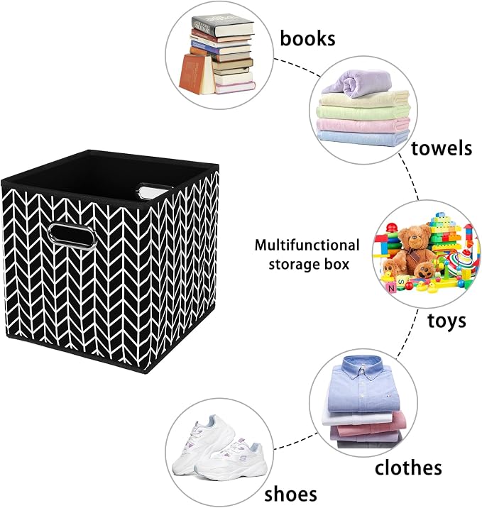 Fabric storage bins Cubes, Fabric Cube Organizer with Handle, Foldable Cube Bins for Cloth or Accessary Storage, 11x11x11, Set of 6, (Black Leaf)