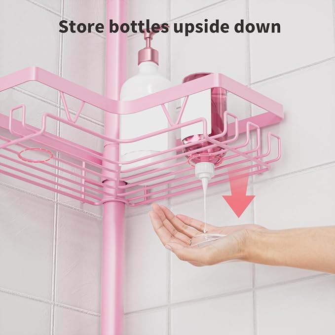 KEGII Corner Shower Caddy Tension Pole, Bathtub Shelf, Pink | 28 Hooks and 4-Tier Large Capacity Organizer, Waterproof, Stainless Steel Shower Rack Fits 25-114.2 inch Heights