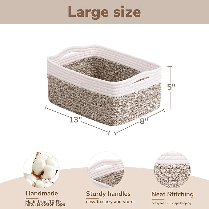 Goodpick 3-Pack Rope Storage Baskets for Gifts, 13 x 8 x 5 in | Empty Baskets for Shelves, Dog Toy Basket, Closet Baskets for Organizing, Empty Baskets for Gifts, White & Light Brown