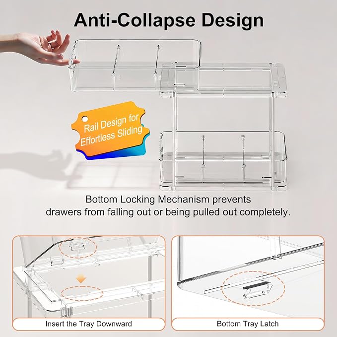 Delamu 2 Tier Under Sink Organizer Bathroom, Bathroom Cabinet Organizer with Snap-Lock Design and Hooks, Pull Out Storage with Movable Dividers, for Countertop, Kitchen and Pantry (Clear, 4 Pack)