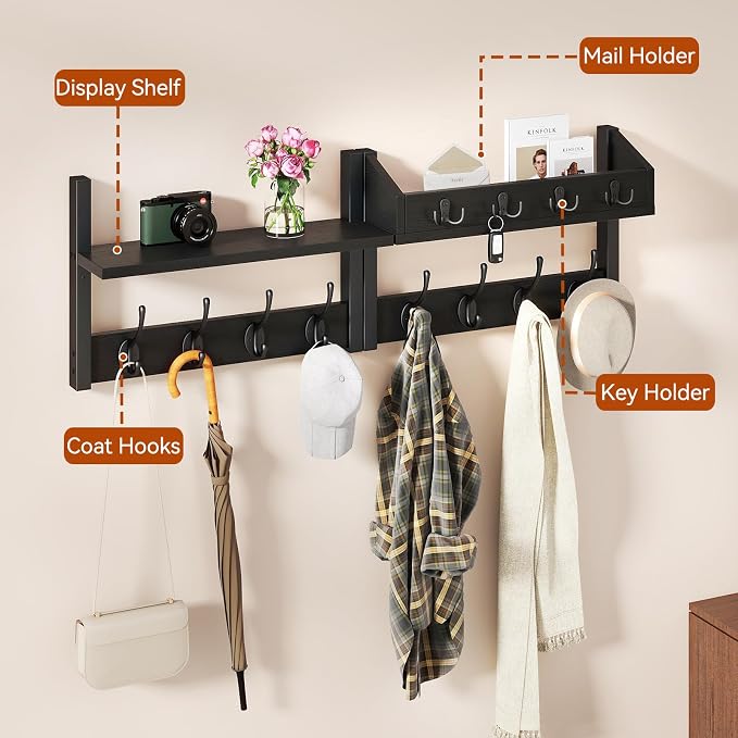YMYNY 31.5" Coat and Key Rack Wall Mount with Shelf, Black, HWS007B-2 | 4-in-1 Coat and Key Hanger with 12 Metal Hooks, Entryway Wall Shelf with Hooks & Mail Holder for Living Room, Bedroom