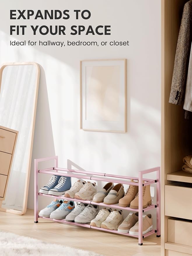 Bumusty 3 Tier Expandable Shoe Rack for Closet, Pink | 18"-33" Adjustable Shoe Rack for Entryway, Small Shoe Organizer for Dorm, Front Door, Sturdy Metal