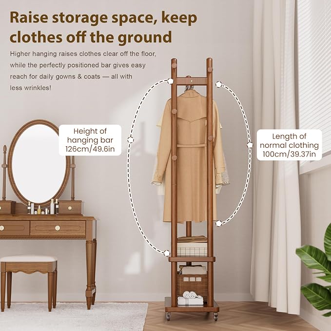 Taitiy Coat Rack Freestanding Wood Garment Rack 2 Shelves 5 Hooks | Bedroom hallway entryway living room hotel, durable wood construction, mobile wheel design, coats clothes bags storage