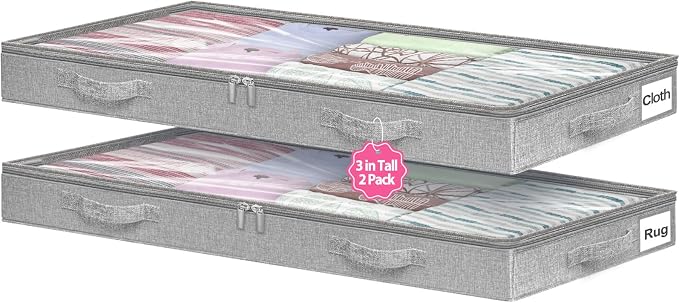 3-in Low Profile Under Bed Storage, No Structure, 2-Pack, Gray | 3" Ultra-Slim, Clear Lid, Reinfoced Handles & Smooth Zips, Dustproof & Waterproof, for Low Bed, Couch, Crib Storage