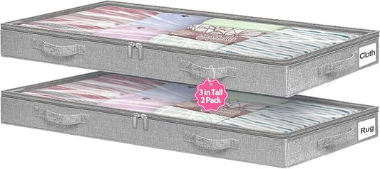 3-in Low Profile Under Bed Storage, No Structure, 2-Pack, Gray | 3" Ultra-Slim, Clear Lid, Reinfoced Handles & Smooth Zips, Dustproof & Waterproof, for Low Bed, Couch, Crib Storage
