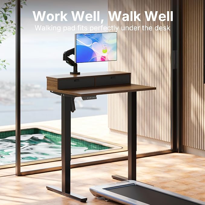 HUANUO 32 x 21 Standing Desk with 2 Drawers, C-Clamp Compatible, Walnut