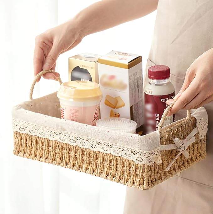 GIB Small Wicker Storage Baskets for Organizing, Decorative Woven Baskets with Handles & Liners, Boho Paper Rope Rectangular Serving Baskets Trays for Shelves, Table, Gifts, Set of 2