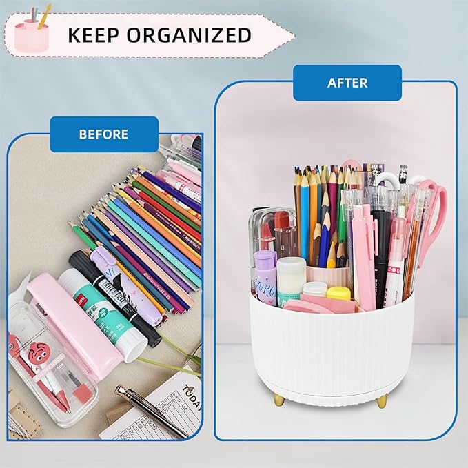 Ovatt White Desk Organizer Set - 15-Piece Office Supplies with 360° Rotating Pen Holder, Stapler, Tape Dispenser & Clips for Home Office
