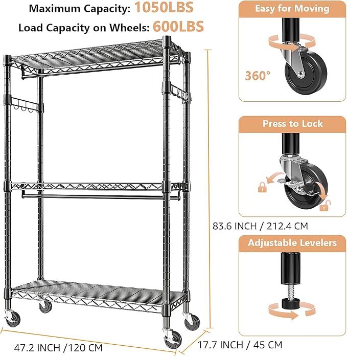 M MZG Heavy Duty Rolling Garment Rack 3 Tiers Adjustable Wire Shelving Clothes Rack with 2 Rods and Side Hooks, Storage Closet Clothing Rack with Wheels Black 17.7" D x 47.2" W x 83.6" H