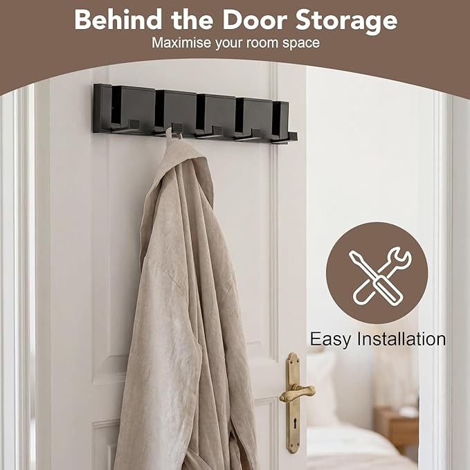 Wall Coat Rack with 5 Foldable Hooks, Black Metal Coat Hooks Hanger | Heavy-Duty Metal, Space-Saving Flip-Down Hooks, Easy Wall Mount, Ideal For Entryway, Bathroom Or Behind Doors