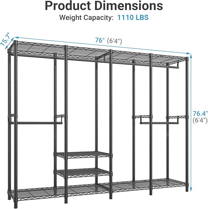 VIPEK V40 Heavy Duty Clothes Rack, Modular Closet System Clothing Rack | 76 inch Adjustable Open Clothing Storage System with 6 Shelves & 4 Hang Rods for Bedroom/Reach-in Closet, Black