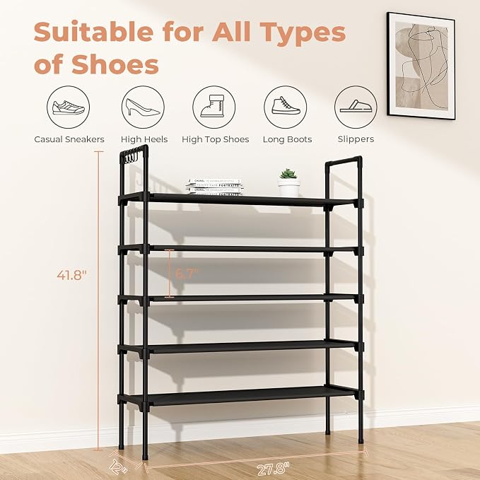 LANTEFUL 5 Tier Shoe Rack for Closet Shoe Organizer with 5 Hooks, Long Shoe Shelf Storage for Shoe and Boot Stackable Free Standing Shoe Rack for Entryway, Garage, Small Spaces, Dorm, Black