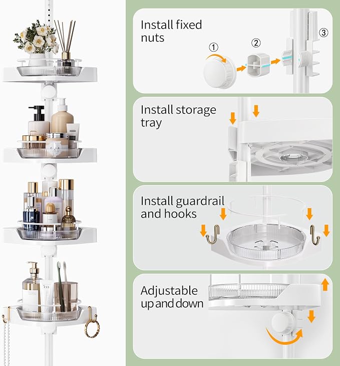 akinbas 360° Rotating Shower Caddy Tension Pole with 4-Tier Rustproof Lazy Susan 35-128 Inch No Drilling Coner Shelves Adjustable Shower Rack for Bathroom Bathtub Washbasin Plant Storage (White)