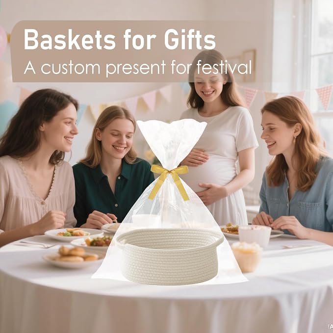 JMvicyroam Small Woven Basket, Empty Gift Basket, White/3 Pack | Small Gift Basket, Cotton Rope, 12 x 8 x 8 in, Handles, Includes Ribbon and Bag, Birthday Gift Basket