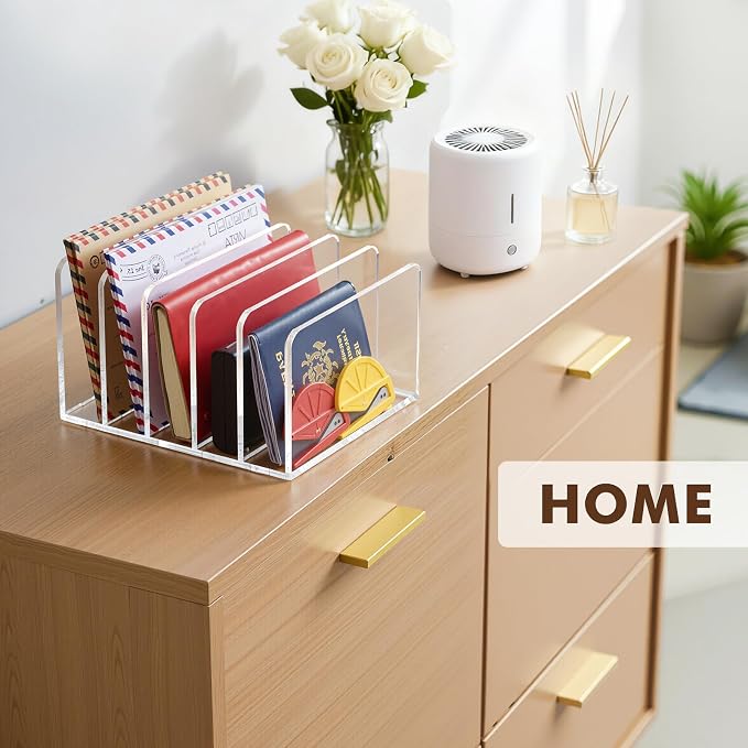BEYGORM Acrylic Mail Holder, 5 Compartments Multifunction Desk Organizer | Clear Vertical Letter Sorter with Dividers, Modern Office & Home Storage for Documents, Notebooks & Folders