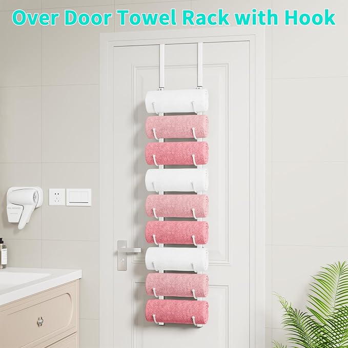 HapiRm Rolled Towel Racks for Bathroom - 9-Tier Over The Door & Wall Mounted Bathroom Towel Storage, Hanging Metal Organizer for Towels & Bath Sheets, Space Saving Rack for Bathroom, Camper, RV, White