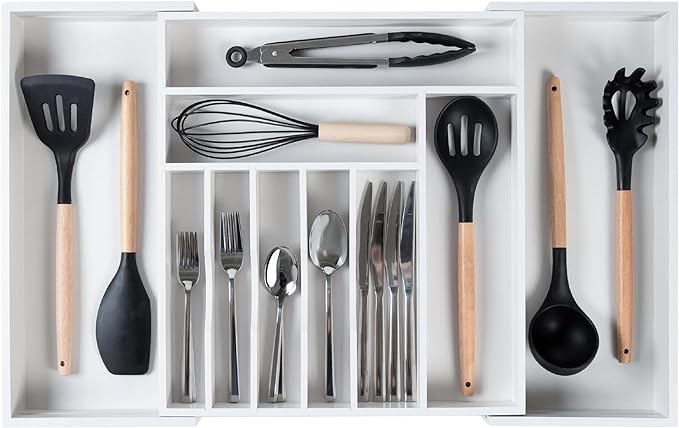 KitchenEdge Silverware & Utensil Drawer Organizer, 16-28 in, White Bamboo | Cutlery, flatware, food-safe contract grade, kitchen drawer fit