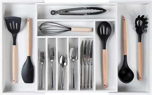 KitchenEdge Silverware & Utensil Drawer Organizer, 16-28 in, White Bamboo | Cutlery, flatware, food-safe contract grade, kitchen drawer fit