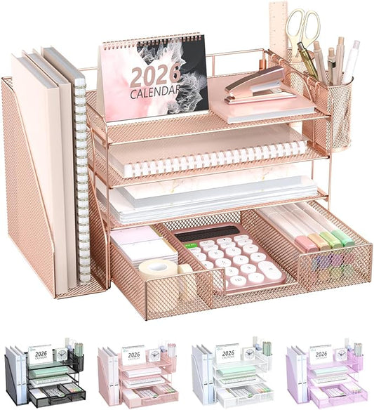 WALI Desk File Organizer, 4 Tier Desktop Paper Letter Tray Organizer with Drawer and 2 Pen Holders, Office Desk Accessories & Workspace Organizers for Office, Home, School Supplies, 1 Pack, Rose Gold