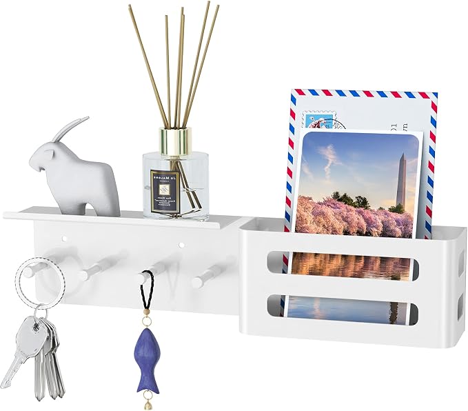MKO Key Holder Wall Mount, Adhesive Key Hanger with 4 Hooks for Wall, White | Metal Material, Key Rack with Shelf, Wall Mount, Mail Organizer Tray, Suitable for Entryway, Hallway, Living Room