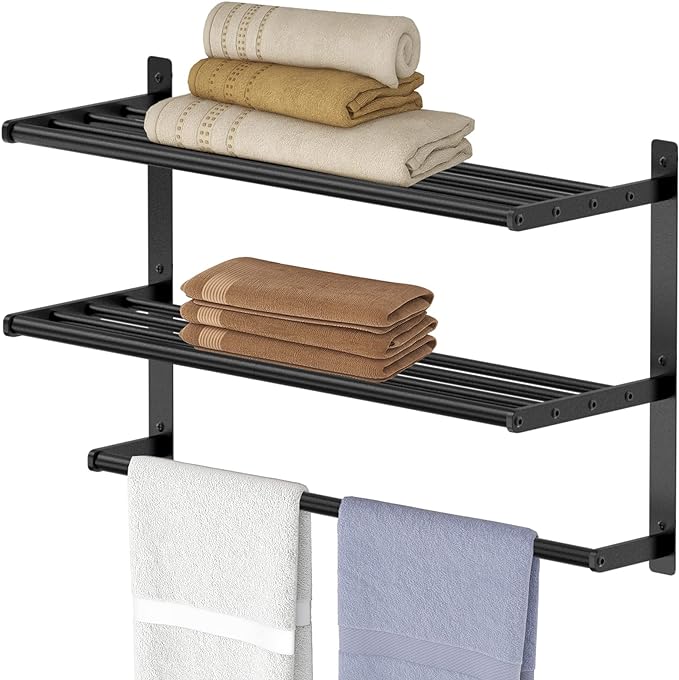 Bethom Bathroom Towel Rack with Bars, 24 Inch Towel Shelf, Brushed Nickel | 3-Tier Hotel Towel Racks for Bathroom Wall Mounted, Bath Towels Storage, Stainless Steel