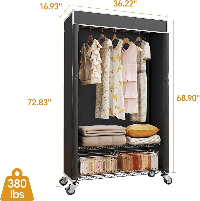 Higeego H4 Clothing Rack with Cover, Rolling Heavy Duty Clothes Rack, Black | Garment Rack on Wheels, Portable Closet for Hanging Clothes, Black Clost Rack with Black Fabric Cover, Max Load 380LBS