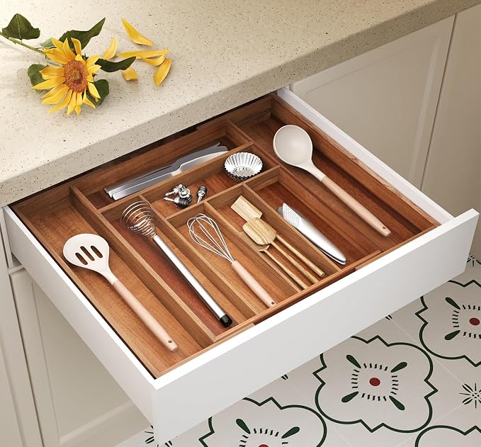 Fibogollo Expandable Large Acacia Wood Silverware Organizer，6-8 Slots | Adjustable Drawer Organizer,Flatware and Utensils Organizer Tray,Utensil Holder（16.9-22.2 x 13.4 x 2 inch）