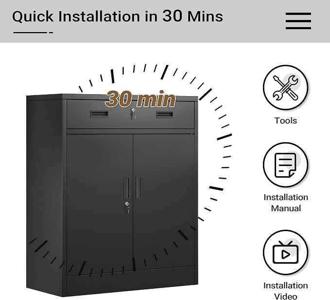 CJF Metal Storage Cabinet, Locking Storage Cabinet with 1 Drawer and Adjustable Shelf, 36" H x 28" W x 16" D Metal Cabinets for Office, Home, Garage -Black