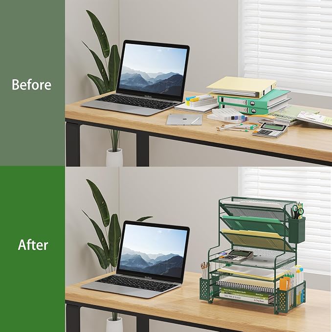 Simple Trending 7 Tier Desk File Organizer, Letter Tray Paper Organizer with Pen Holder and Metal Hanging Basket, Green