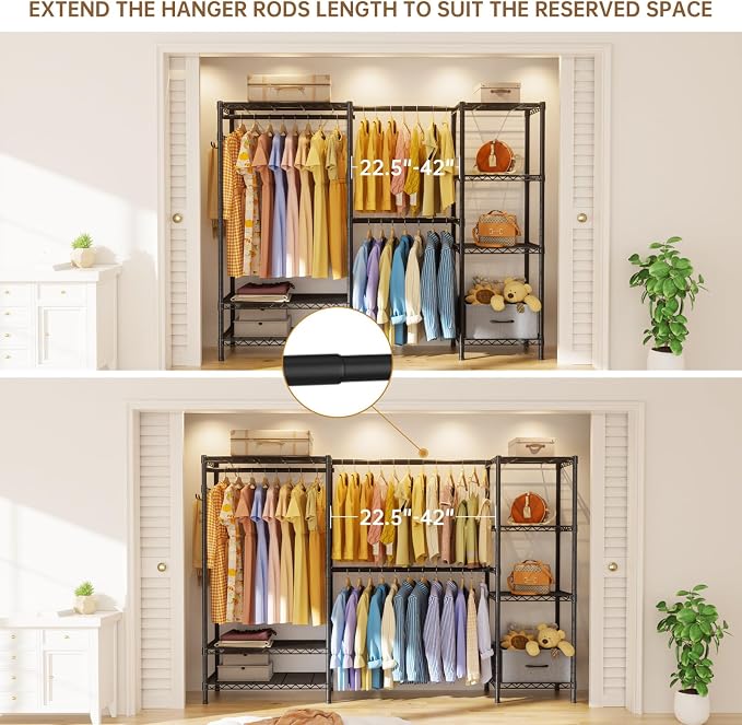 Golpart Heavy Duty Clothing Rack with Adjustable Shelves Clothes Wardrobe | Coat Rack Metal Closet Organizer and Storage Garment Rack for Hanging Clothes Wire Portable Cloth System Free Standing Black