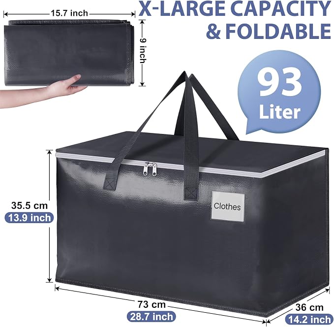 StorageRight Heavy Duty Moving Boxes-Moving Bags with Zipper, Reinforced Handles and Tag Pocket-Collapsible Moving Supplies-Totes for Storage Great for moving, Storage and Travel 93L(Gray-4 Pack)
