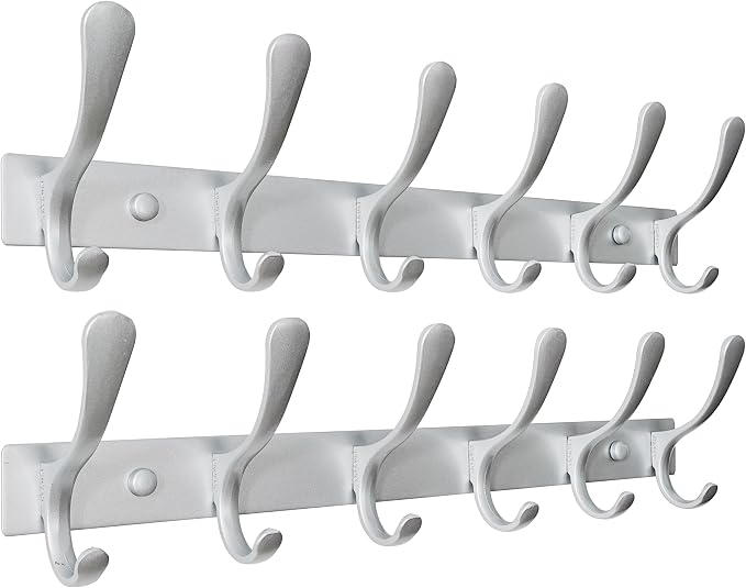 SKOLOO Coat Rack Wall Mounted - 6 Hooks, Pack of 2, Heavy Duty, Stainless Steel, Metal Wall Hanger, Sturdy Coat Hooks for Hanging Coats, Jacket, Clothes, Hat, Cold Light Silver
