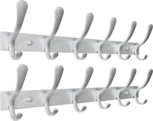 SKOLOO Coat Rack Wall Mounted - 6 Hooks, Pack of 2, Heavy Duty, Stainless Steel, Metal Wall Hanger, Sturdy Coat Hooks for Hanging Coats, Jacket, Clothes, Hat, Cold Light Silver