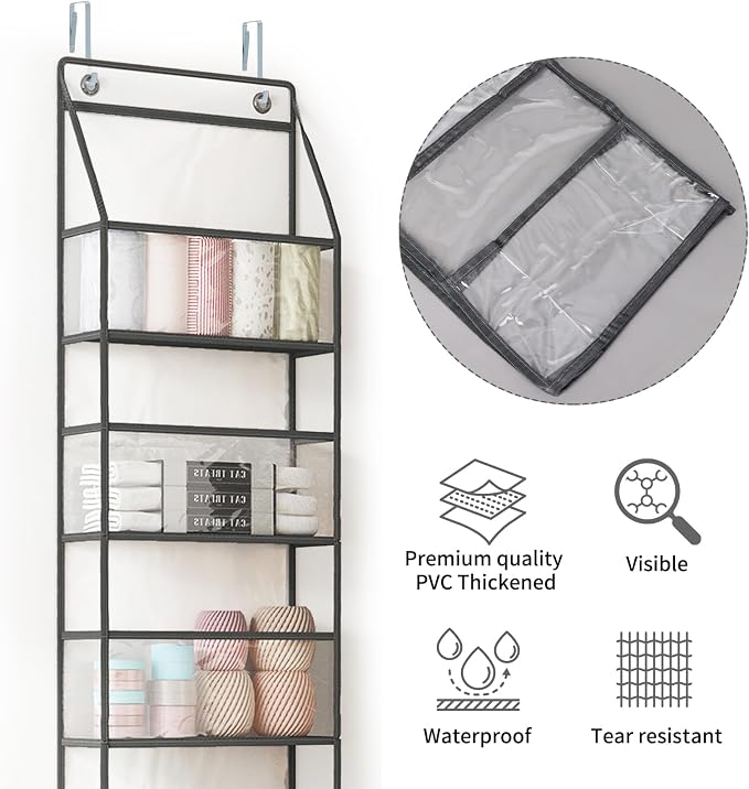 Over Door Organizer Hanging Storage 5 Shelf Clear Pockets Pantry Closet | 5 Shelves, Clear Plastic Pockets, Sturdy Hanging Design, for Pantry Closet Bedroom Nursery and Bathroom Storage