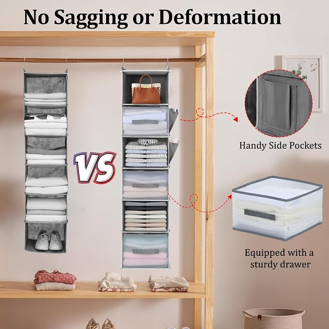 6-Shelf Hanging Closet Organizer with 3 Drawers & Side Pockets, Gray | Non-woven fabric, tool-free setup, ideal for bedrooms/dorms/RVs, 3 foldable transparent drawers for easy access