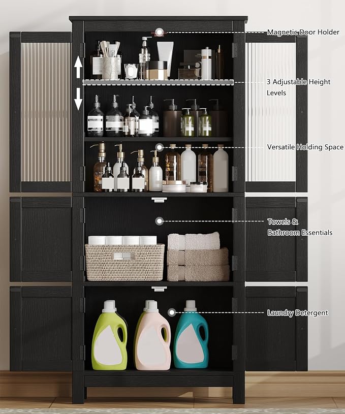 Akxomel 53.1" H Tall Bathroom Storage Cabinet, Bathroom Floor Cabinet with 6 Doors and Adjustable Shlef, Linen Cabinet, Pantry Cabinet for Living Room, Kitchen, Entryway, Black
