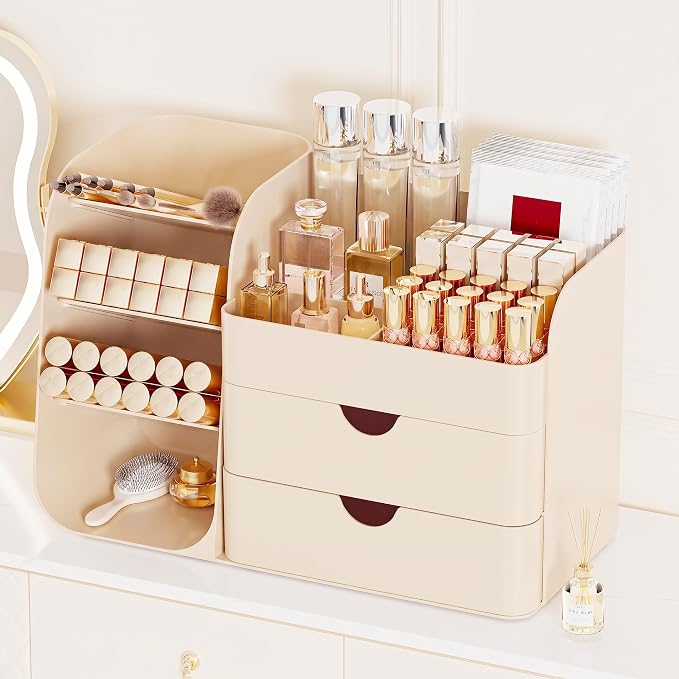 Booklov Small Makeup Organizer for Vanity Countertop, Cream | Plastic Cosmetic Display Case with Drawers, Beauty Brush Holder for Bathroom Counter, Skin Care Perfumes Storage