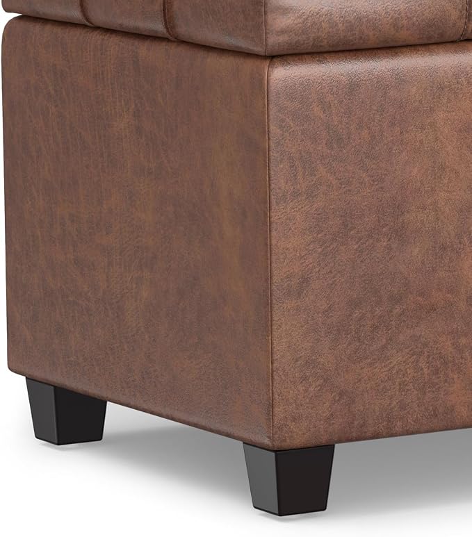 SIMPLIHOME Sienna 33" Wide Vegan Leather Storage Ottoman in Midnight Black | Distressed saddle brown, transitional ottoman with tufting and lift-up lid; rectangle storage bench for living room.