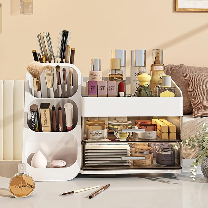 Booklov Large Makeup Organizer for Vanity Countertop, Pink | Clear Acrylic Cosmetic Display Case, Beauty Brush Holder for Bathroom Counter, Make Up Skincare Lipsticks Storage