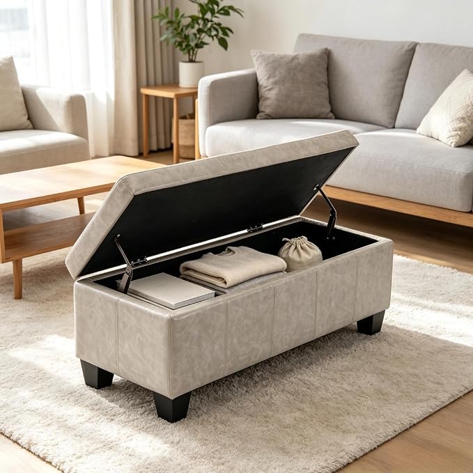 41.5 Inch Light Gray Faux Leather Storage Ottoman Bench for Small Spaces | 2.8 cu ft storage capacity,660 lbs weight limit,solid wood legs,fits modern nordic home decor
